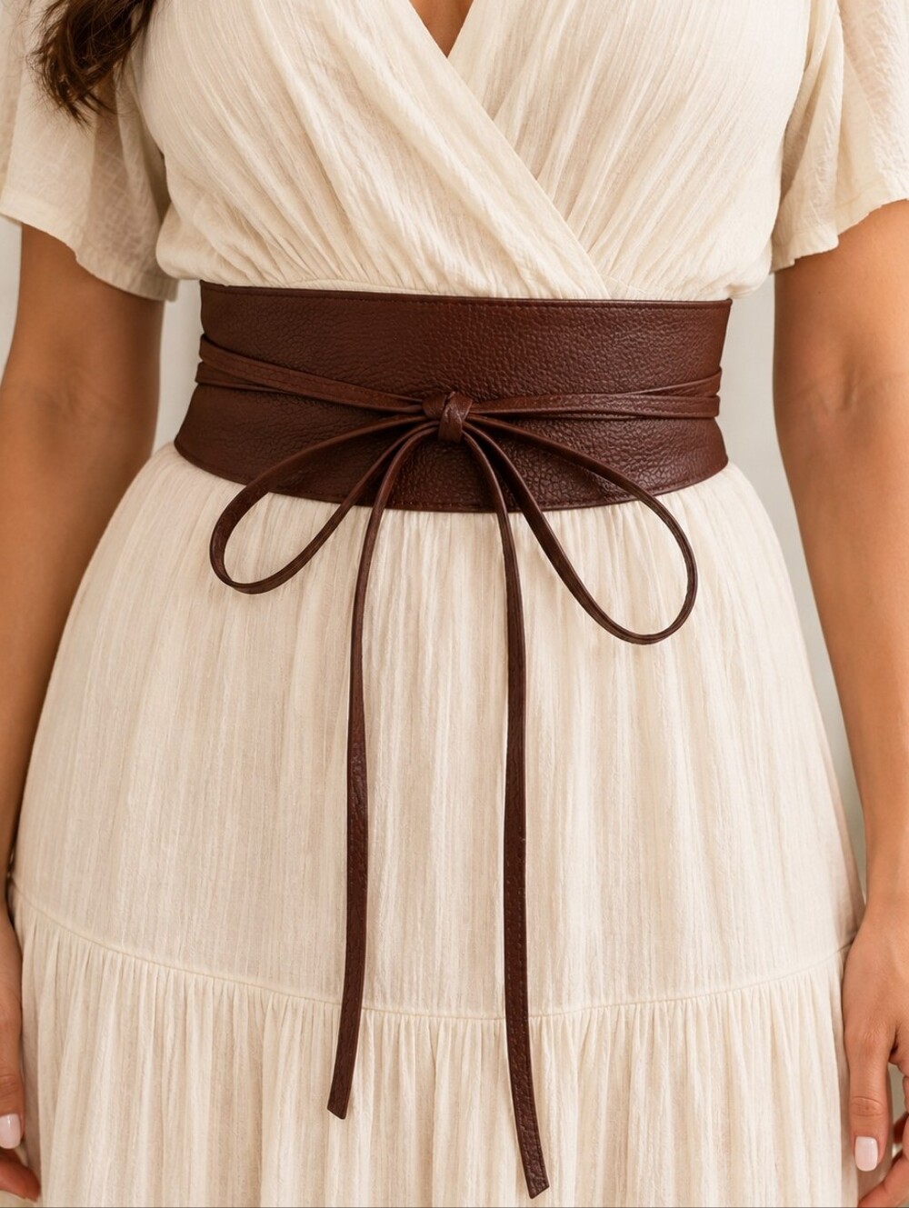 Brown Obi Wrap Faux Pebbled Leather Belt Wide Waist Classic western Corset